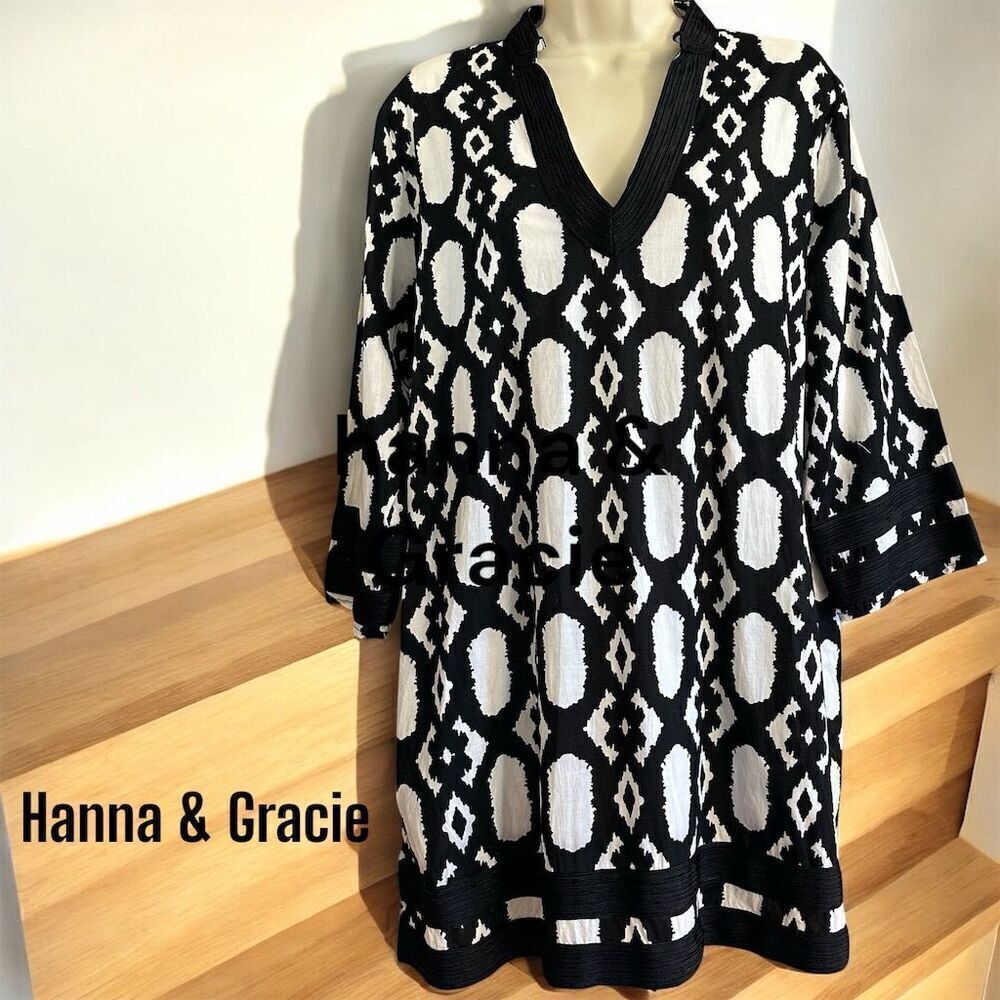 Hanna & Gracie Women's Bohemian Cotton Black White V-Neck Tunic 3/4 Sleeve